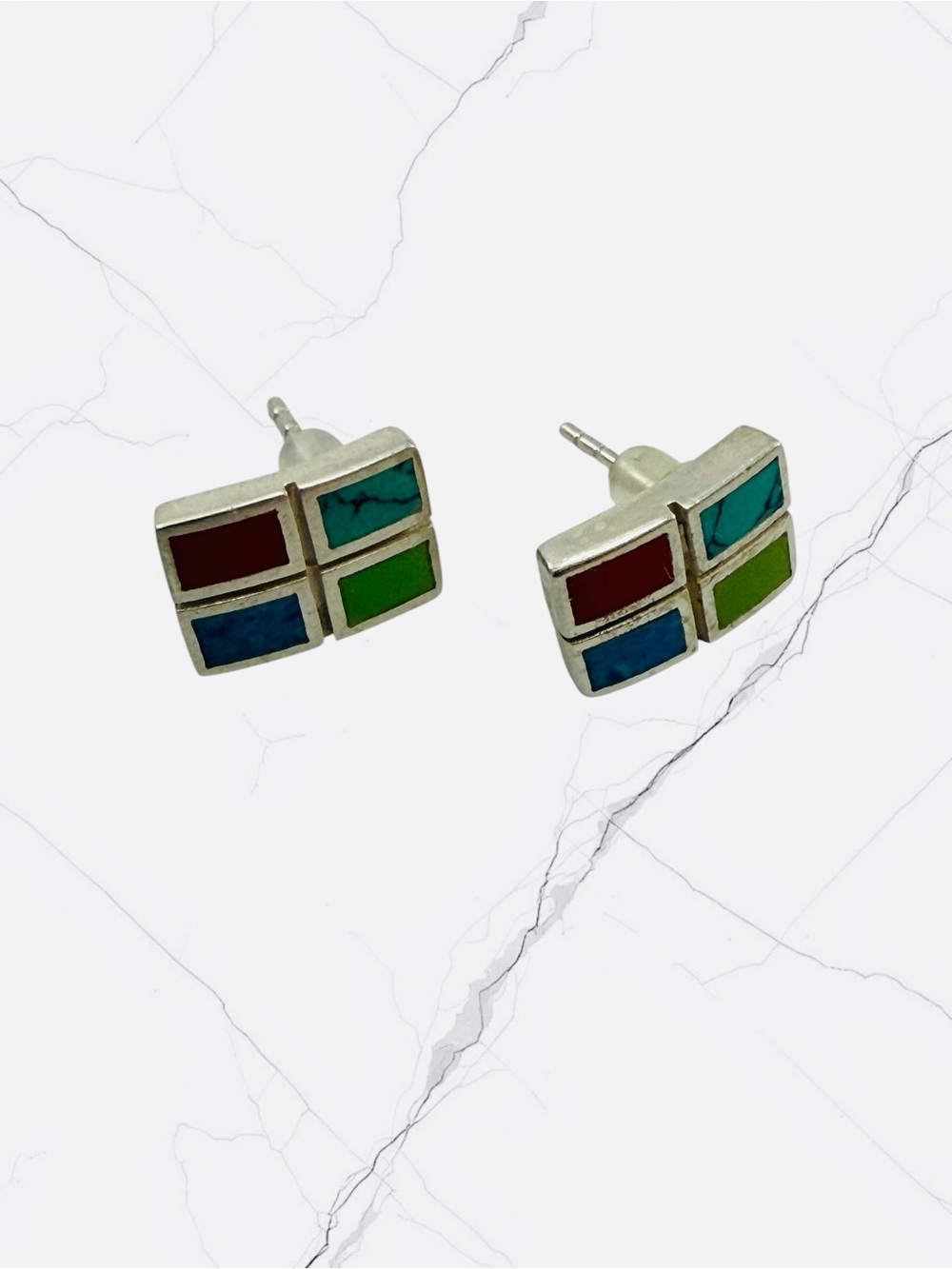 Sterling Silver 925 Cheryl Wadsworth Zuni Navajo Coral Turquoise Inlay Earrings